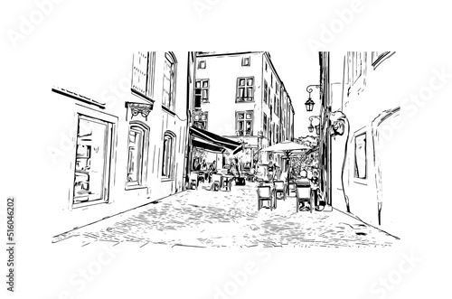 Building view with landmark of Nancy is the city in France. Hand drawn sketch illustration in vector.