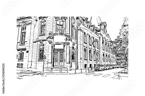 Building view with landmark of Nancy is the city in France. Hand drawn sketch illustration in vector.