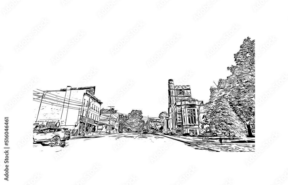 Building view with landmark of Nashua is a city in southern New Hampshire. Hand drawn sketch illustration in vector.