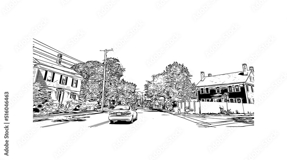 Building view with landmark of Nashua is a city in southern New Hampshire. Hand drawn sketch illustration in vector.
