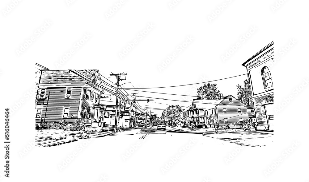 Building view with landmark of Nashua is a city in southern New Hampshire. Hand drawn sketch illustration in vector.