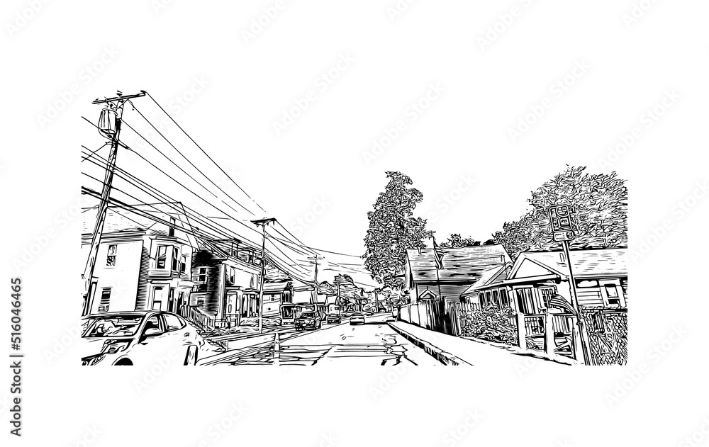 Building view with landmark of Nashua is a city in southern New Hampshire. Hand drawn sketch illustration in vector. Building view with landmark of Nashua is a city in southern New Hampshire. Hand drawn sketch illustration in vector.