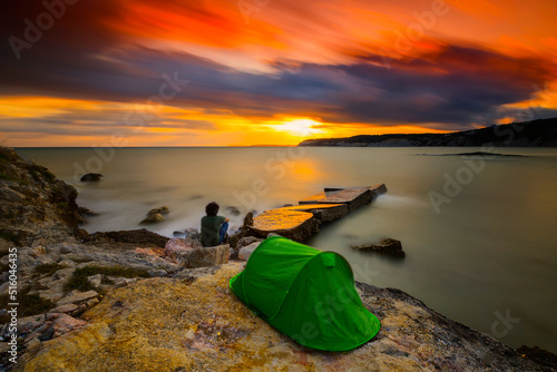 Fototapeta Naklejka Na Ścianę i Meble -  Sea Stones, Rocky Sea, fantastic cliffs beautiful background. Kefken Pink Rocks (Pembe Kayalar). Famous rocks in Kandira, Kocaeli, Turkey. Landscape and seascape with Rocks and Sea with amazing sky.