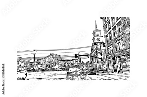 Building view with landmark of Nashua is a city in southern New Hampshire. Hand drawn sketch illustration in vector.