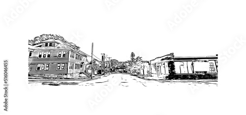 Building view with landmark of Nashua is a city in southern New Hampshire. Hand drawn sketch illustration in vector.