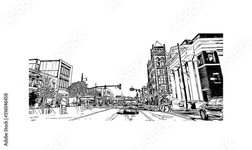 Building view with landmark of Nashua is a city in southern New Hampshire. Hand drawn sketch illustration in vector.