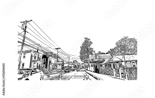 Building view with landmark of Nashua is a city in southern New Hampshire. Hand drawn sketch illustration in vector.