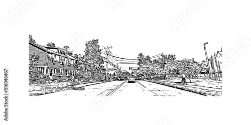 Building view with landmark of Nashua is a city in southern New Hampshire. Hand drawn sketch illustration in vector.