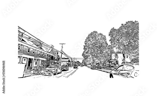 Building view with landmark of Nashua is a city in southern New Hampshire. Hand drawn sketch illustration in vector.