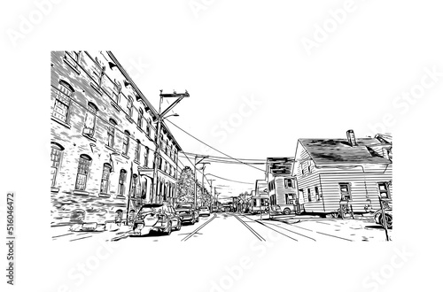 Building view with landmark of Nashua is a city in southern New Hampshire. Hand drawn sketch illustration in vector.