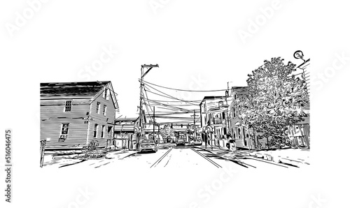 Building view with landmark of Nashua is a city in southern New Hampshire. Hand drawn sketch illustration in vector.