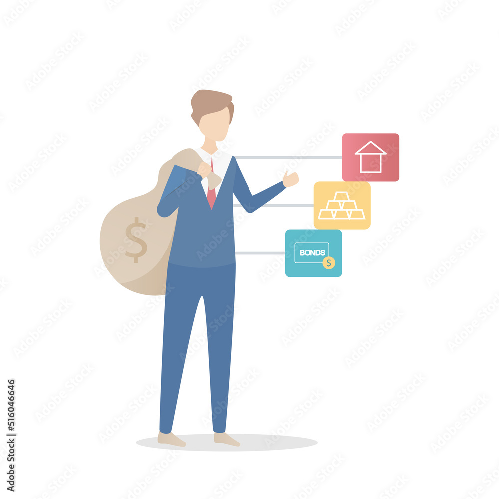 Allocate investment in multiple different assets to diversify (real estate gold and bonds),security financial savings,Vector illustration. Allocate investment in multiple different assets to diversify (real estate gold and bonds),security financial savings,Vector illustration.