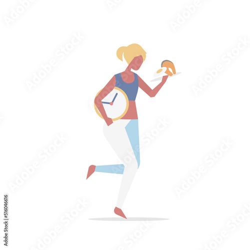 Intermittent Fasting Diet for Control and Weight loss,woman holding a watch to check her meal times,Low-calorie, high-protein foods such as salmon and eggs,Vector illustration.