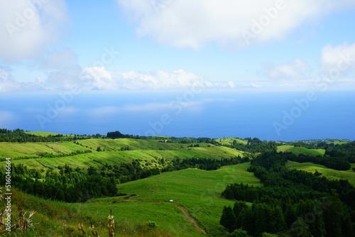 Azores green landscape and atlantic ocean view, Sao Miguel, Portugal