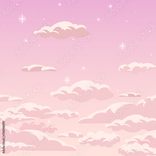 Cartoon starry sky. Cute pink heaven background. Sugar cotton pastel clouds