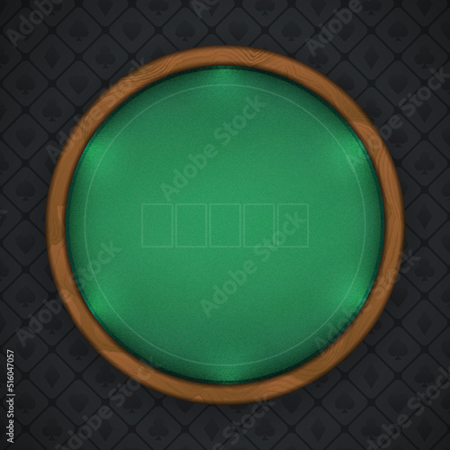 Poker table with round textured wooden frame on a dark background. Frame with illuminated border, green firm cloth. Top view. Eps10 vector