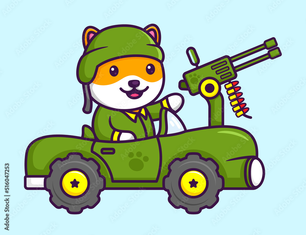 Vector Illustration of Cute Shiba Inu Dog as an Army Driving War Machine Car in Cartoon Flat Style Vector Illustration of Cute Shiba Inu Dog as an Army Driving War Machine Car in Cartoon Flat Style