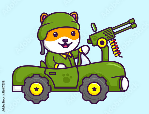 Vector Illustration of Cute Shiba Inu Dog as an Army Driving War Machine Car in Cartoon Flat Style