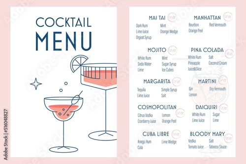 	
Vector cocktail menu for restaurants bars with cocktails price list and ingredients on white background. Printable template a4 a5