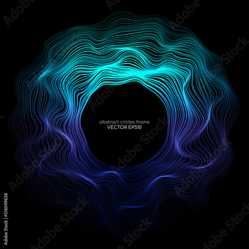 Abstract 3D sphere flowing light lines wave blue green gradient isolated on black background. Vector in concept of AI technology, science, music, modern.