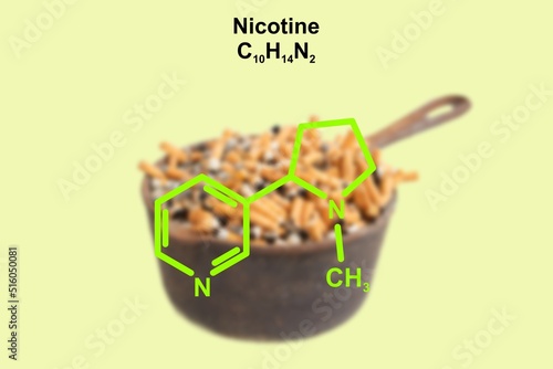 Structural formula of nicotine. Heavily blurred rusty cigarette pot filled with cigarette stipes in background. photo