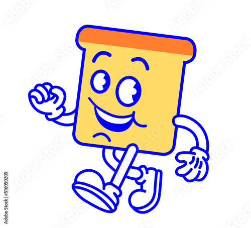 kawaii cartoon character with a body of a bread toast. Restaurant, fast food mascot. Vintage rubberhose comic style design. 