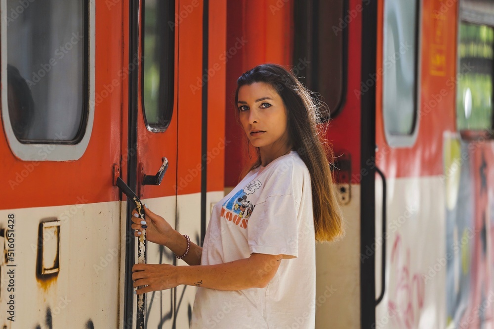 portrait of a women on the graffiti train at the railway station in varna bulgaria portrait of a women on the graffiti train at the railway station in varna bulgaria