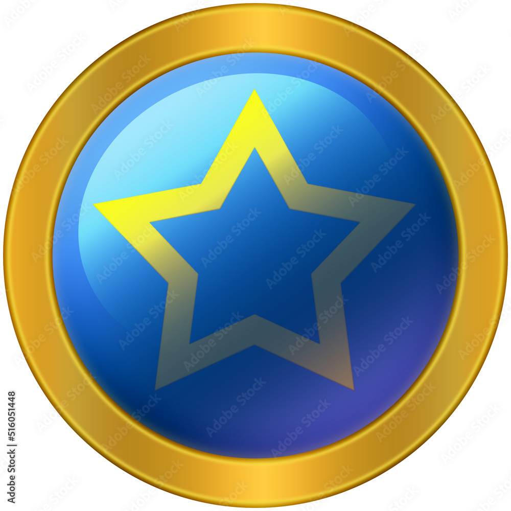 Yellow line star on blue background in the golden circle. Isolated button digital drawing. Yellow line star on blue background in the golden circle. Isolated button digital drawing.