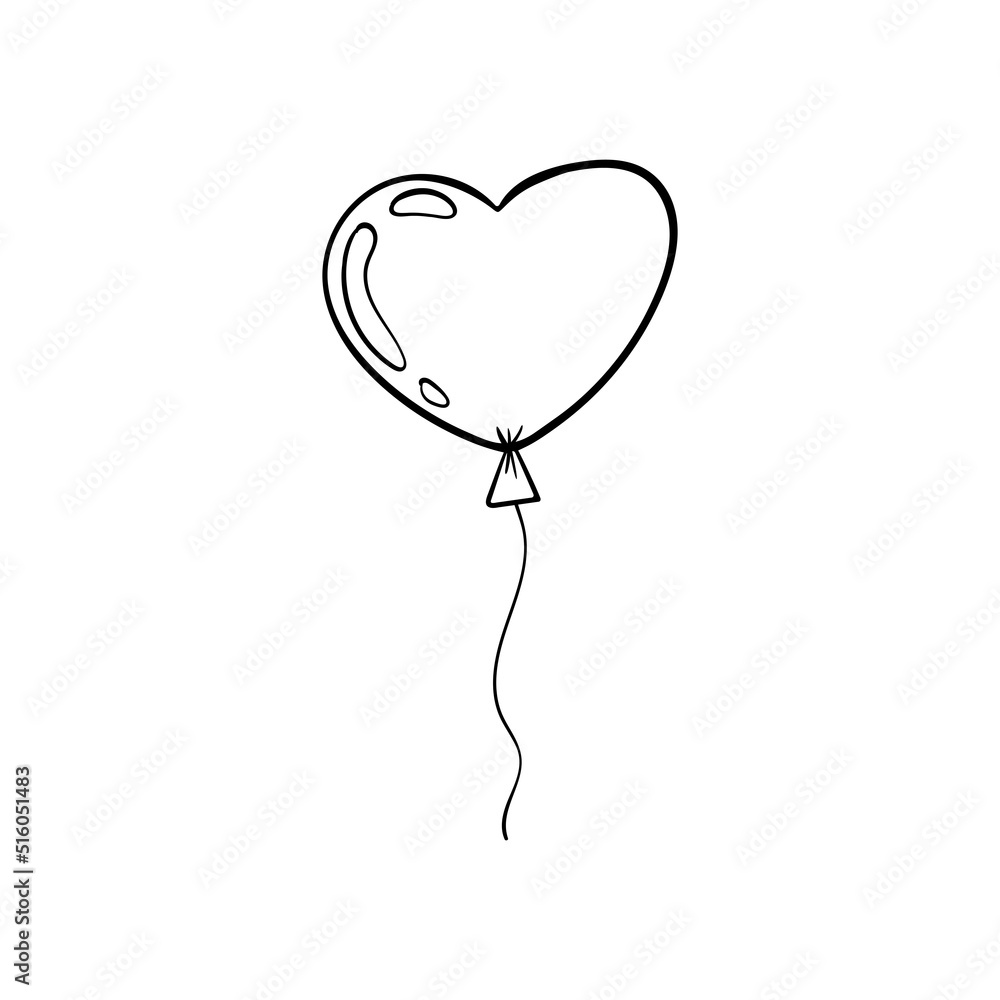 Heart shaped balloon. Hand drawn heart balloon isolated on white background. Vector doodle illustration. 