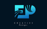 Creative blue letters EP e p logo with leading lines and road concept design. Letters with geometric design.