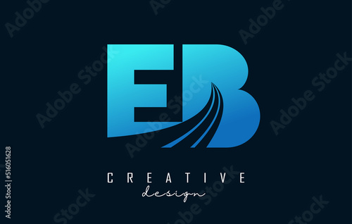 Creative blue letters EB e b logo with leading lines and road concept design. Letters with geometric design.