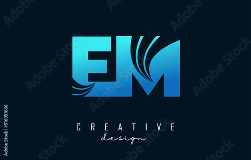 Creative blue letters EM e m logo with leading lines and road concept design. Letters with geometric design.