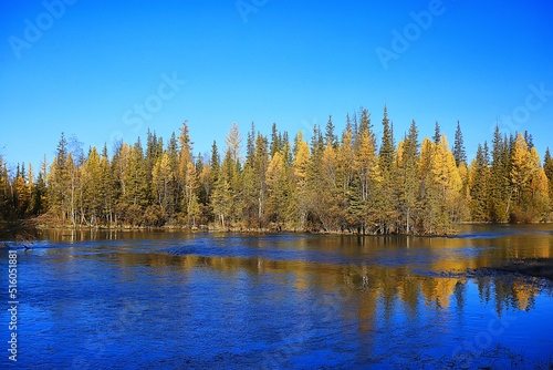 scenic, autumn landscape trees and forest river and lake, nature view fall background