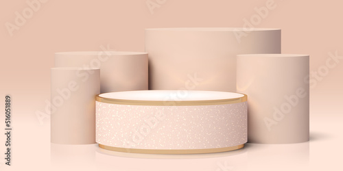 Vector realistic luxury elegant podium, surrounded cylinders. 3D render of a beige and gold pedestal, decorated with glitter on gradient background. Premium banner with a platform for product showcase
