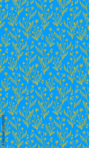 Seamless golden flower pattern on blue background. Vintage wallpaper and gift wrapper