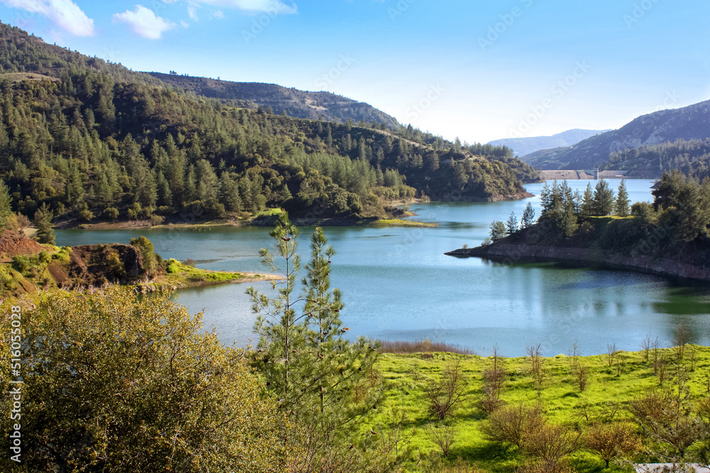 Mediterranean landscape - view of the Arminou Reservoir on the Dhiarizos River at the Troodos Mountains in the Paphos District, Republic of Cyprus