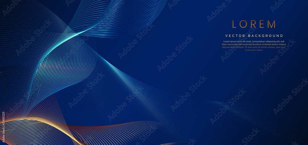 Abstract luxury golden lines curved overlapping on dark blue background. Template premium award design. Abstract luxury golden lines curved overlapping on dark blue background. Template premium award design.