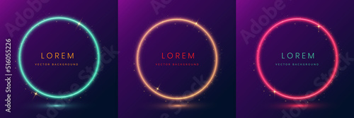 Set of blue, gold, red, circle glowing neon lighting and sparkle frame design on dark blue and purple background with copy space for text.