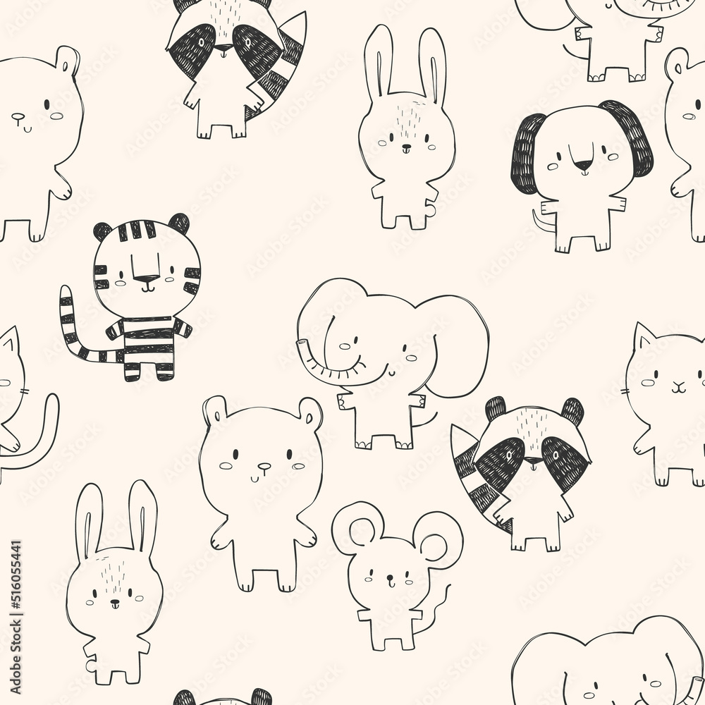 Seamless pattern of hand drawn children's animals. Elephant, rabbit, mouse, raccoon, cat, tiger, bear and dog. Vector illustration in doodle style, contour art. For wrapping paper, fabric, wallpaper.