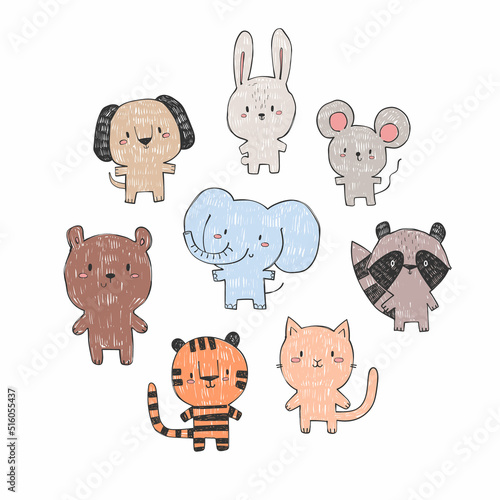 Hand drawn children's set of different animals. Elephant, rabbit, mouse, raccoon, cat, tiger, bear and dog. Vector illustration in doodle style, colorful. For printing on clothes.