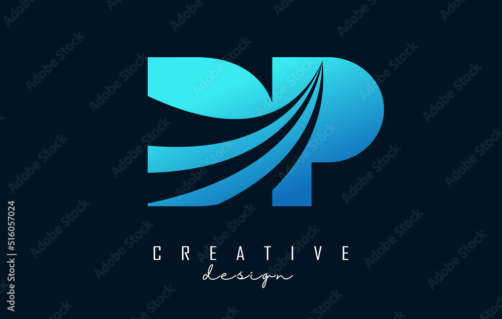 Naklejka premium Creative blue letters DP d p logo with leading lines and road concept design. Letters with geometric design.