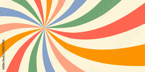 Retro vintage horizontal background with colorful swirl sunburst in style 60s, 70s. Vector illustration