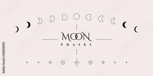 Moon phases icons. Lunar cycle minimal geometric collection, Moon calendar magic star symbols. Vector illustration