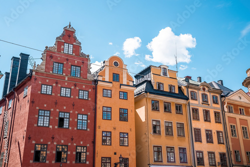 Stortorget, the Grand Square, is a public square in Gamla Stan, the old town in central Stockholm Famous tourist attraction in capital district during sunny day.