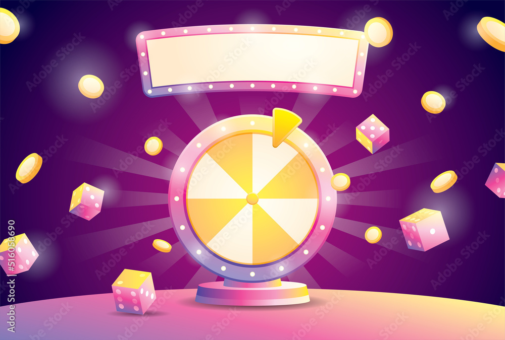 fortune wheel with futuristic gradient dice and light bulb sign 3d ...