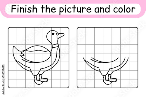 Complete the picture duck. Copy the picture and color. Finish the image. Coloring book. Educational drawing exercise game for children photo