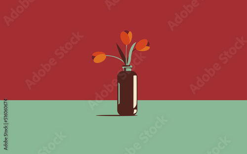 Vase with flowers tulips on the table in a minimalist style.