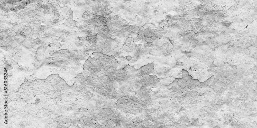 Peeling paint on a gray concrete wall. White painted abstract background, grunge cracked surface, beton pattern texture. Empty space.