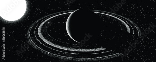 Star and planet in space. Futuristic landscape, with noise texture . Night landscape with starry sky .Vector illustration