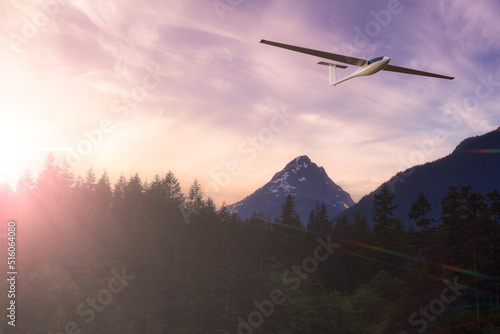 Glider flying over trees and mountains in Canadian Landscape. 3D Rendering Artwork. Background from Chilliwack Lake, British Columbia, Canada.